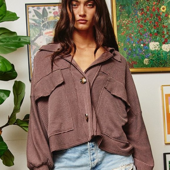 Chestnut Brown Stylish Ribbed Shacket - Picture 5 of 5